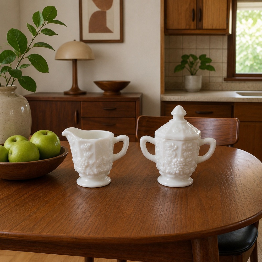 Vintage Westmoreland White Milk Glass‎ Harvest Grape Creamer Sugar Bowl Set 2pc